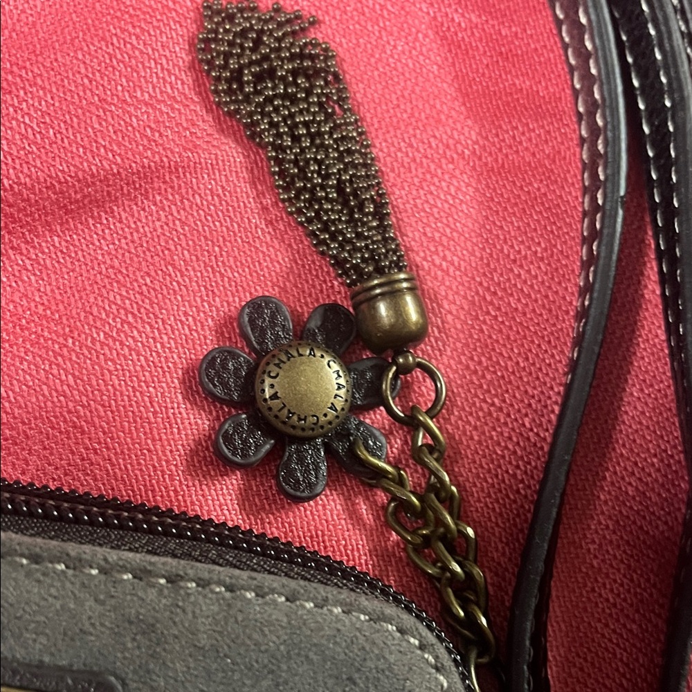 Chala Black/Gray Suede Crossbody Mini- Purse/Phone Bag with Medallion Accents - Picture 4 of 11